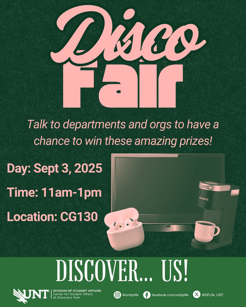 Boogie on down to Disco Fair!🪩🪩We have tons of departments and student orgs ready to meet you and answer any questions you have. We even have some potential giveaways for those who participate!

📅 September 3
⏰ 11am-1pm
📍 CG130

#UNT #UniversityofNorthTexas #DiscoveryPark