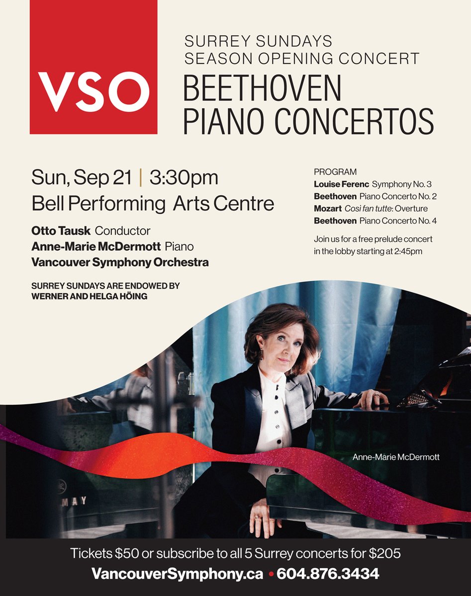 ACS RECOMMENDED….#performingarts| Vancouver Symphony Orchestra presents #beethoven #piano #concertos | September 21 ...see poster for details