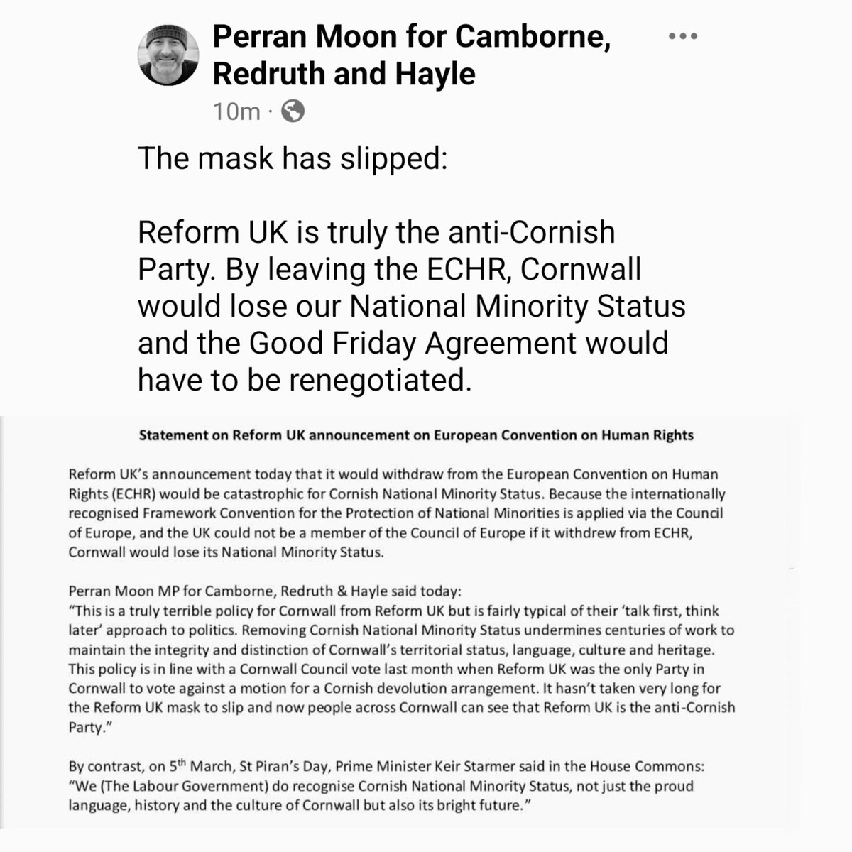 By withdrawing from the ECHR, Reform would lose Cornwall its National Minority Status.