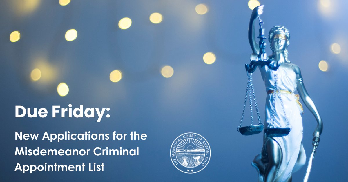 Pursuant to local court rules, the open enrollment period for attorneys wishing to apply for the Misdemeanor Criminal Appointed Counsel List is twice per year. 

Applications are due this upcoming Friday, August 29.

The application is available here: akronmunicipalcourt.org/news/