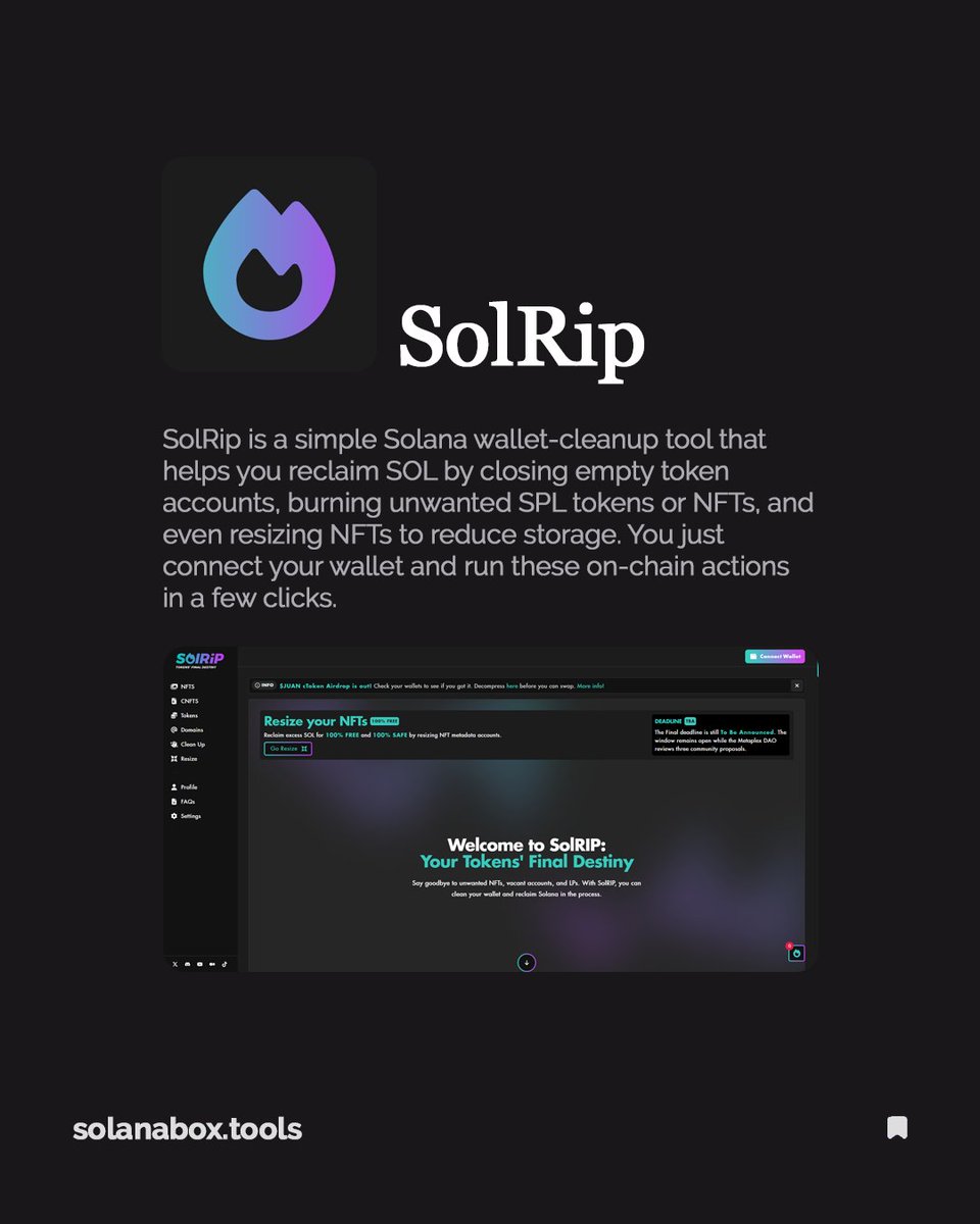 Solanabox.tools (@solanaboxtools) on Twitter photo 2. <a href="/SolRipBurn/">SolRip | Reclaim your SOL</a> 🔥
SolRip is a simple Solana wallet-cleanup tool that helps you reclaim SOL by closing empty token accounts, burning unwanted SPL tokens or NFTs, and even resizing NFTs to reduce storage.
You just connect your wallet and run these on-chain actions in a few 2. <a href="/SolRipBurn/">SolRip | Reclaim your SOL</a> 🔥
SolRip is a simple Solana wallet-cleanup tool that helps you reclaim SOL by closing empty token accounts, burning unwanted SPL tokens or NFTs, and even resizing NFTs to reduce storage.
You just connect your wallet and run these on-chain actions in a few