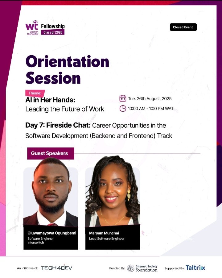 wildfl0w6r's tweet image. Day 7 of the Women Techsters Fellowship was powerful! 

Uyoyo Edosio reminded us to turn pain into purpose, master our craft, and build excellence so deep it speaks louder than bias. Be patient, keep learning, and stay indispensable.