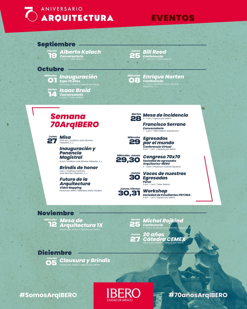 ¡Comienza la celebración de los #70añosArqIBERO!
Conferencias, conversatorios, exposiciones y más.

Checa aquí el calendario de eventos 👇