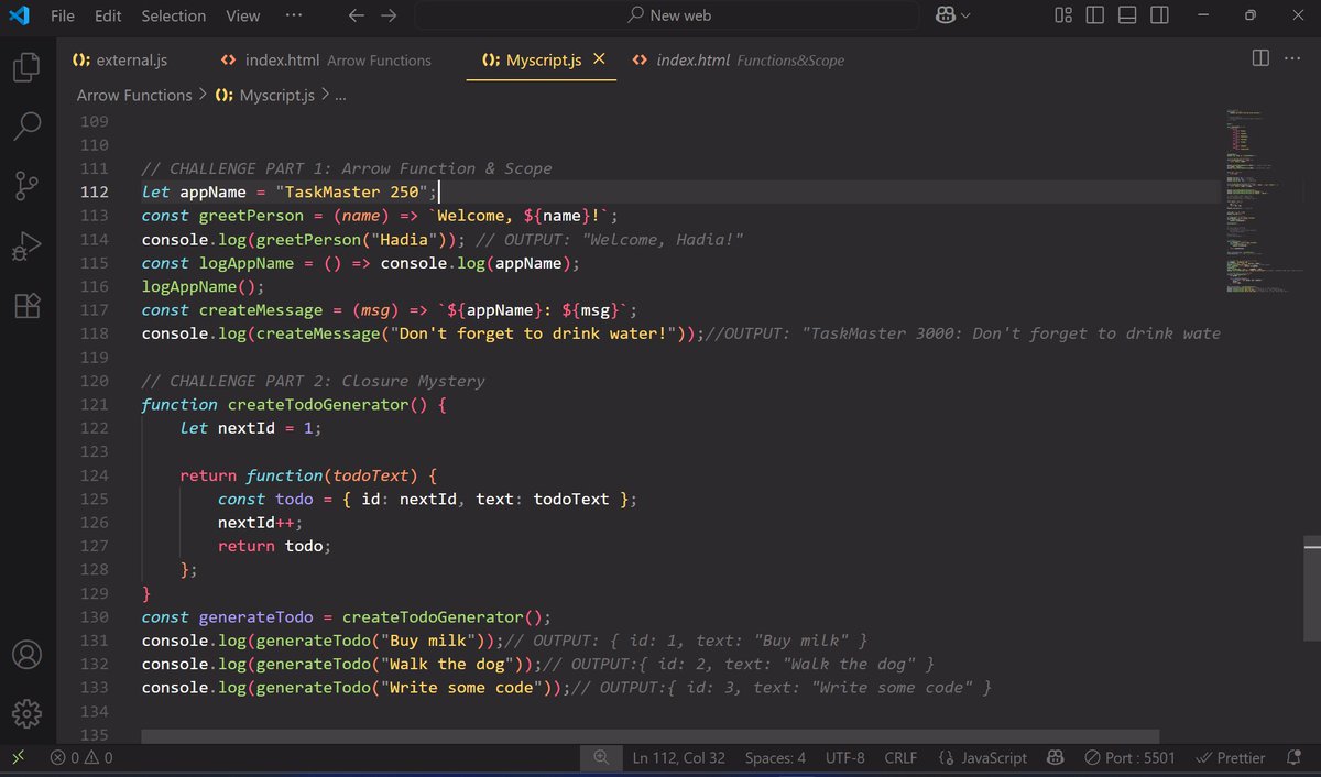 HadiaSharar's tweet image. Exploring JavaScript arrow functions, closures, and variable scope!
Worked on 2 cool challenges:
1. Creating dynamic messages using global variables.
2. Building a todo generator with closures.
@Wajiha_Niazi
@CodeToInspire
#AfghanGirlsCode
#javaScript #ArrowFunctions #Coding