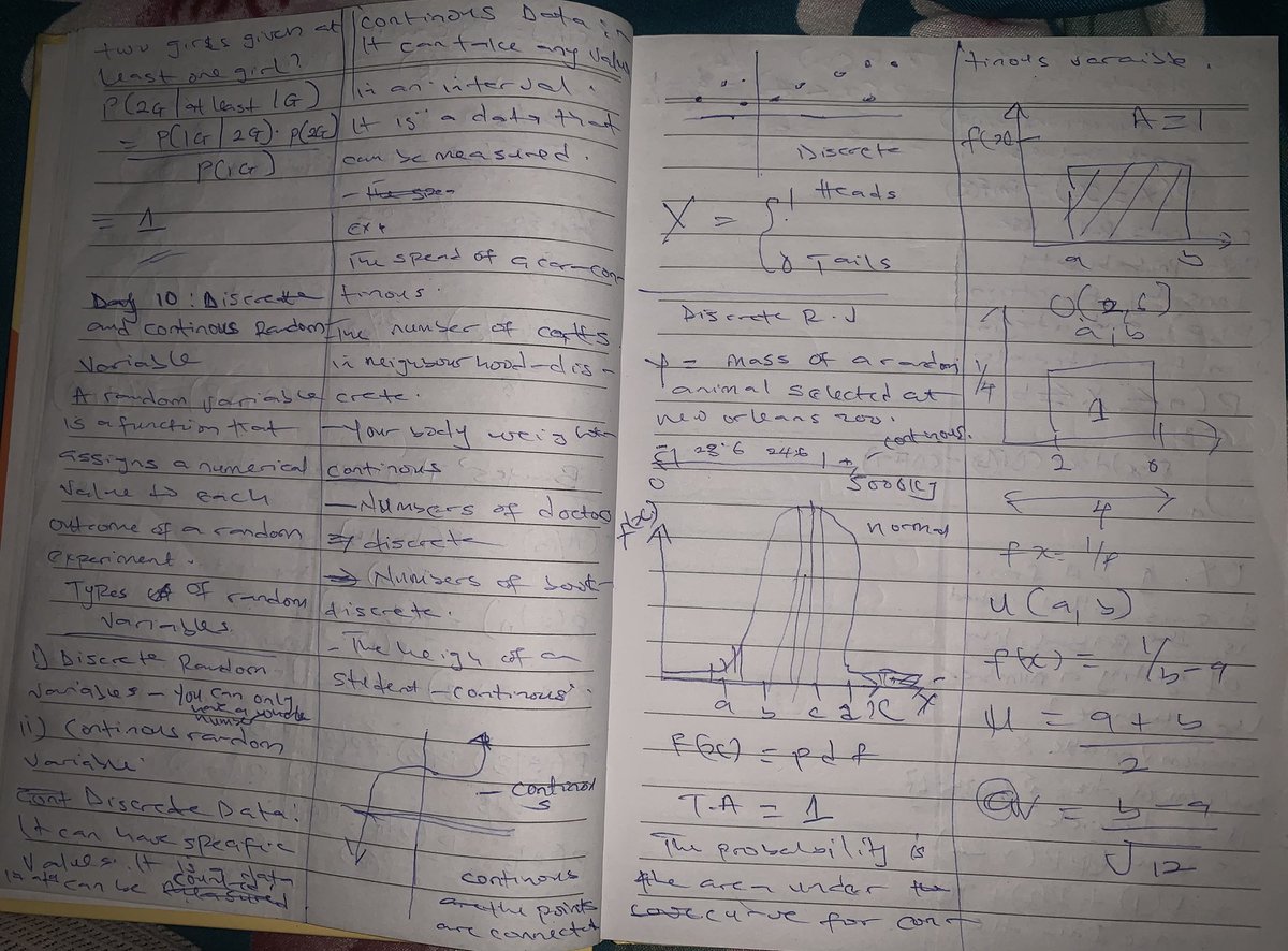 PromiseNwankw14's tweet image. Day 10: AI/ML Journey
🔹 Math → Probability
• Discrete RVs → countable values (e.g., dice rolls 🎲)
• Continuous RVs → any value in a range (e.g., height 📏)
They form the basis of probability distributions in ML 💡 Step by step 🚀
#AI 
#MachineLearning
 #MathForAI
