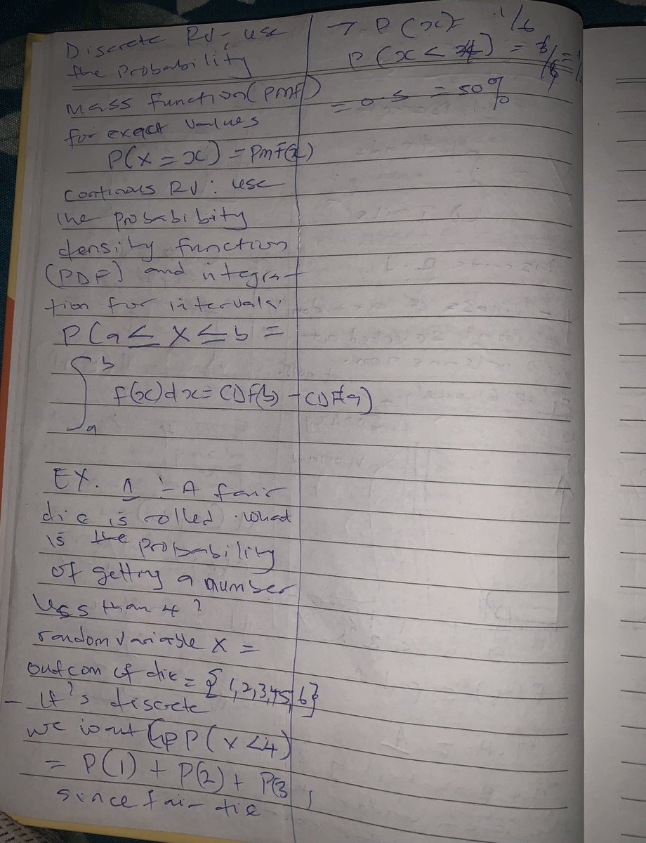 PromiseNwankw14's tweet image. Day 10: AI/ML Journey
🔹 Math → Probability
• Discrete RVs → countable values (e.g., dice rolls 🎲)
• Continuous RVs → any value in a range (e.g., height 📏)
They form the basis of probability distributions in ML 💡 Step by step 🚀
#AI 
#MachineLearning
 #MathForAI