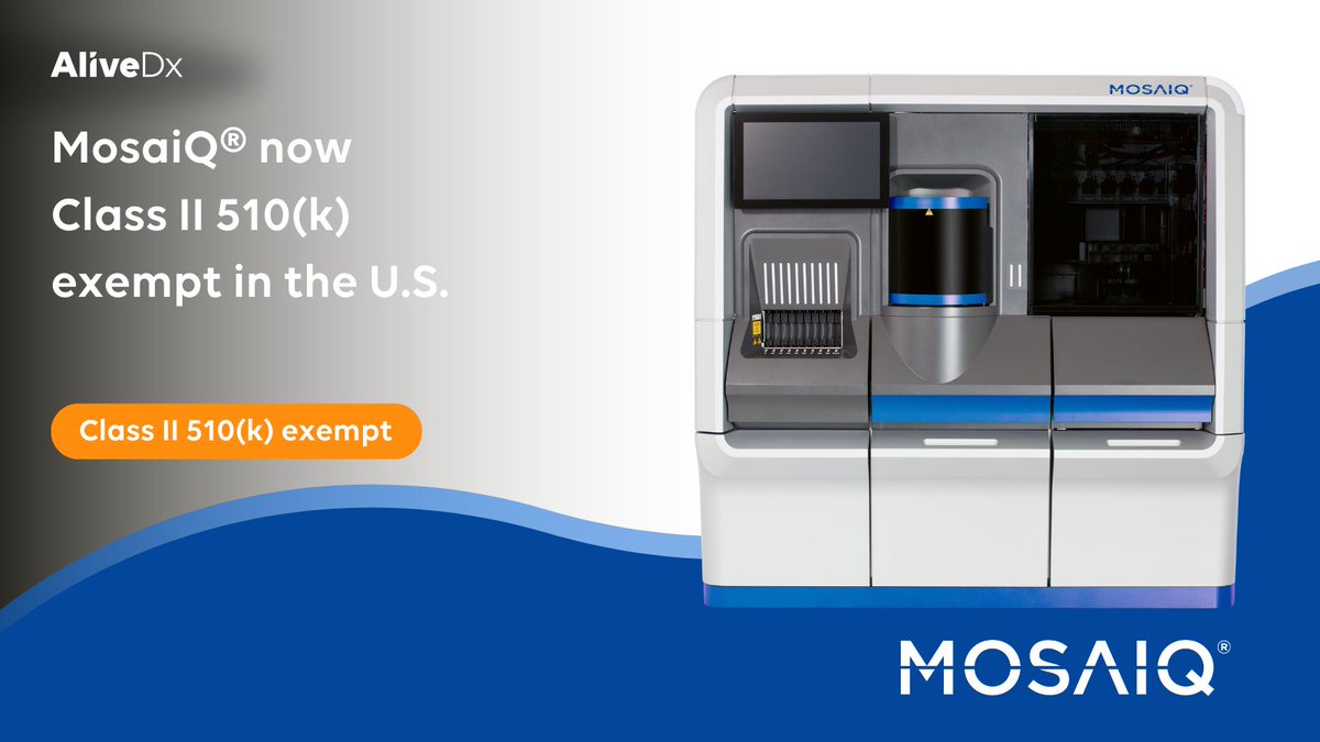 AliveDx_com's tweet photo. 📢 Big milestone for AliveDx! 
AliveDx registers MosaiQ®, its Instrument for Multiplex Testing of Autoimmune Diseases, Allergies and Beyond, as a Class II Exempt Device with the U.S. Food and Drug Administration (FDA) 

🔗Read the full press release here: https://t.co/2LJJXchs6L https://t.co/5RNLzNuxVp