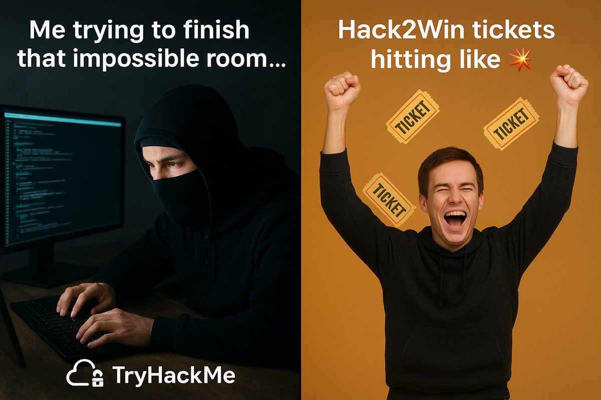 Uzairkh44776563's tweet image. 💻 3hrs on a TryHackMe room… done ✅
Hack2Win tickets hit 🎟️😂
#HackerLife #CTF #TryHackMe #CyberSecurity
🌐 tryhackme.com | 🎟️ tryhackme.com/hack2win
IG/TW/LI: @realtryhackme @tryhackme
