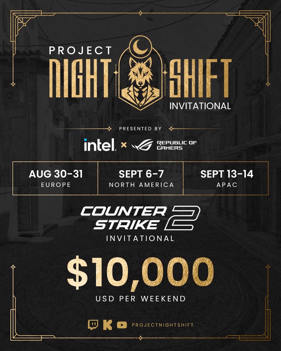 Project Night Shift (@prjnightshift) on Twitter photo It's time for your next shift.
We've partnered with <a href="/ASUS_ROG/">ROG Global</a> <a href="/IntelGaming/">Intel Gaming</a> for a Counter-Strike 2 tournament featuring teams from EU, NA, and APAC.
The Nightshift x ASUS x Intel CS Invitational starts August 31st at 8am EST / 2pm CET on Twitch, YouTube, and Kick! It's time for your next shift.
We've partnered with <a href="/ASUS_ROG/">ROG Global</a> <a href="/IntelGaming/">Intel Gaming</a> for a Counter-Strike 2 tournament featuring teams from EU, NA, and APAC.
The Nightshift x ASUS x Intel CS Invitational starts August 31st at 8am EST / 2pm CET on Twitch, YouTube, and Kick!
