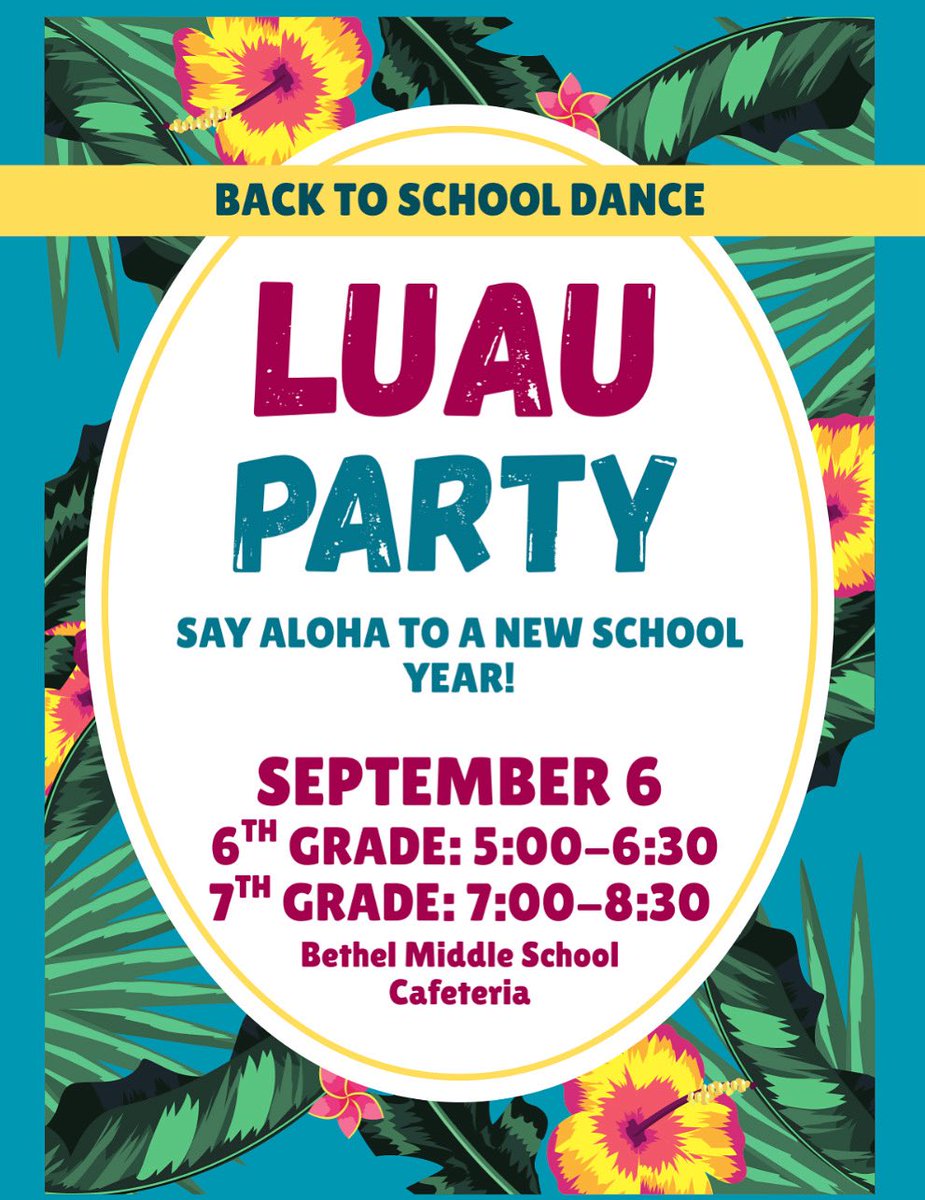 _BEMSHornets's tweet photo. It’s time for the Back-to-School Luau Dance sponsored by our Bethel Cheer and Dance teams! 🌺🪩🎉 This event is for current Bethel students only. Students must present their school ID to enter the dance. Concessions will be available for purchase. https://t.co/s4K4jsBc5B