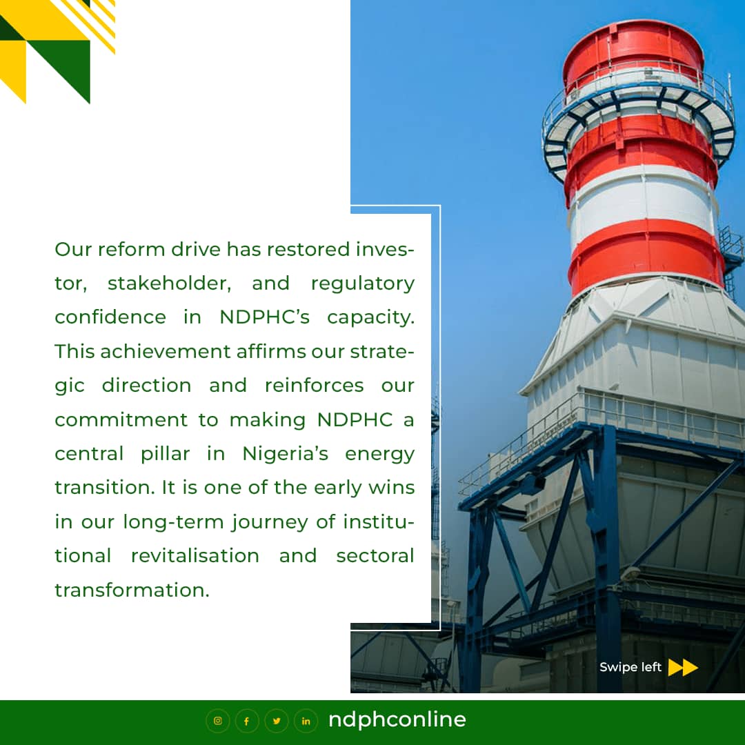 ndphconline's tweet image. Our reform drive has restored investor, stakeholder, and regulatory confidence in NDPHC’s capacity. This achievement affirms our strategic direction and reinforces our commitment to making NDPHC a central pillar in Nigeria’s energy transition. 

#Oneyearanniversary  #NDPHC
