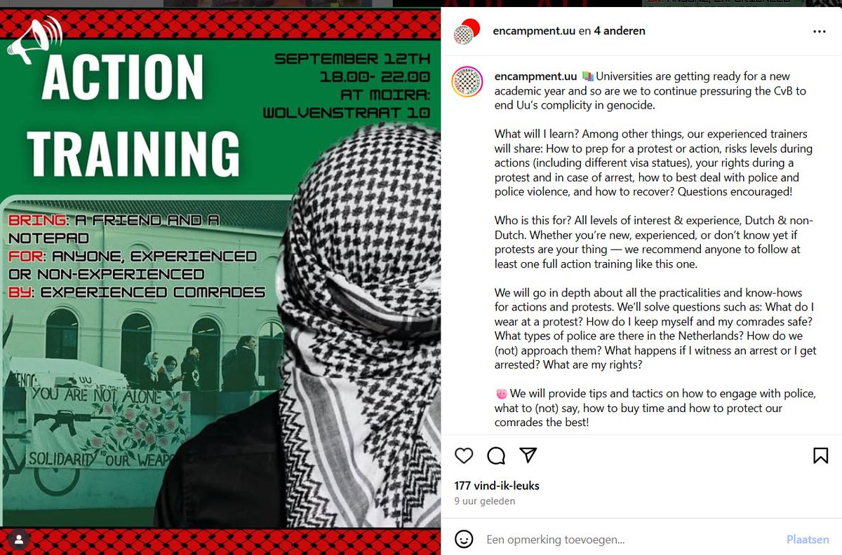 Actietraining in Utrecht. Aangeprezen o.m. door Workers for Palestine, Samidoun-achtige Pally-activisten. Het spandoek met de kalasjnikov stelt niet echt gerust.