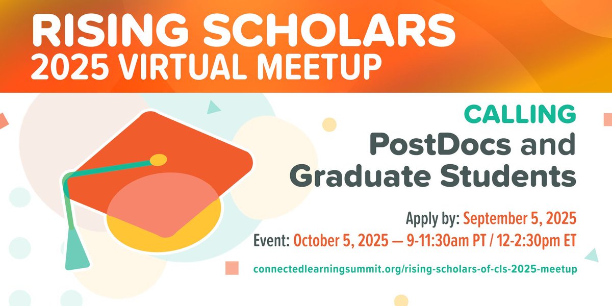 TheCLAlliance's tweet image. 📢 We are accepting applications for our Rising Scholars of #ConnectedLearning2025 happening Oct 5!

connectedlearning.news/CLS-Rising-Sch… 

This virtual event is for diverse graduate students and postdocs to connect with supportive mentors and peers with shared experiences and backgrounds.