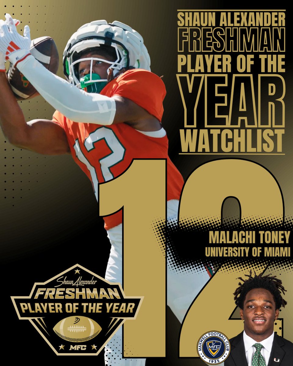 🏈@canesfootball’s <a href="/MALACHITONEY2/">Malachi Toney</a> has been named to the #ShaunAlexanderAward Watch List! 🏆#MaxwellFootball

<a href="/shaunalexander/">Shaun Alexander</a>