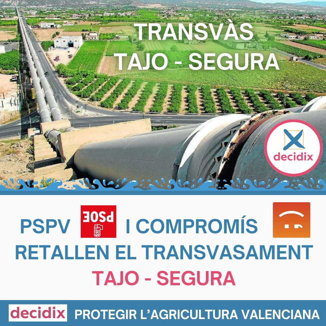👎🏼 Les polítiques hídriques de ❌ PSPV i ❌ Compromís, retallant el transvasament Tajo-Segura i elevant el cabal ecològic, condenen la nostra agricultura.

🌳🍎🍊Exigim un pla hidrològic estatal solidari per a garantisar els nostres drets històrics de rec.

🫵🏼💧 ¡per l'aigua!