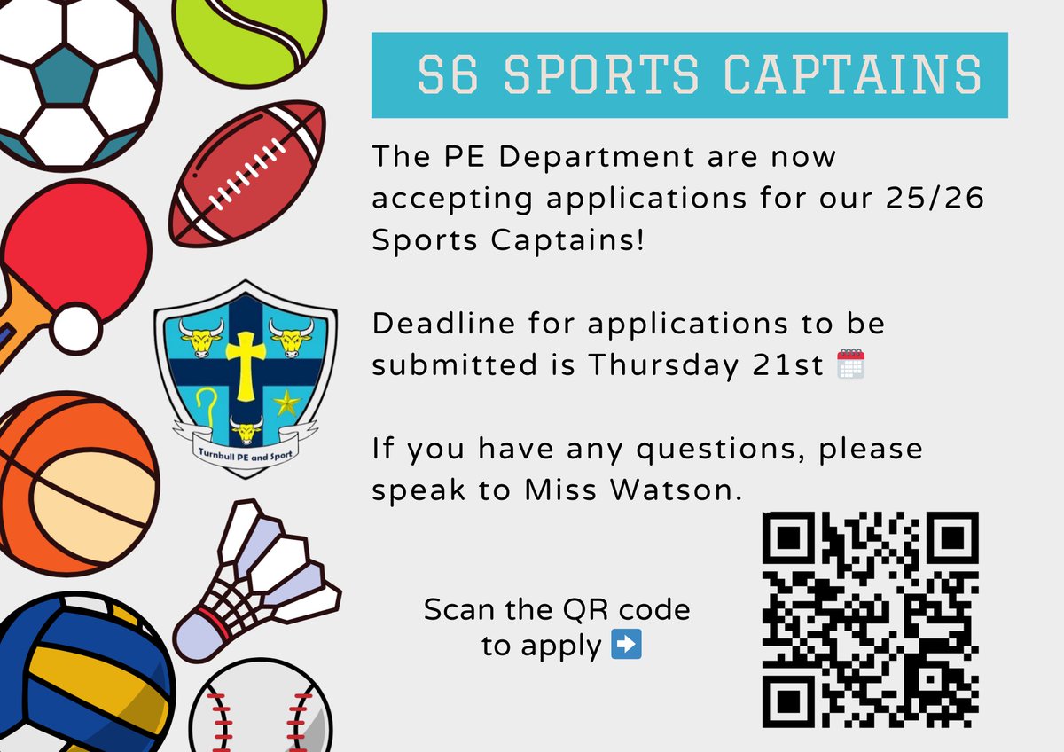 📢 S6 Sports Captains Announcement 📢 

There will be a meeting tomorrow at break in the PE department for any S6 pupil who applied to be a Sports Captain 👩🏻‍💻

If you are unable to attend the meeting, please speak to Miss Watson.