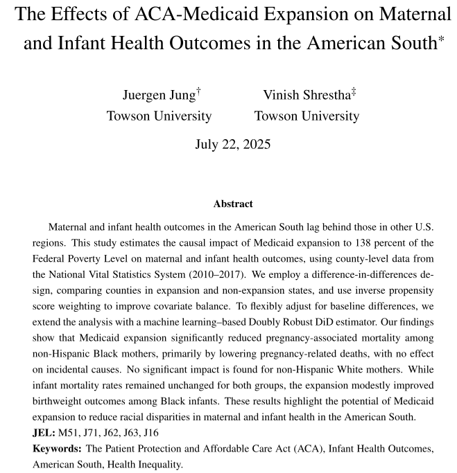 Our new working paper on the effects of the ACA-Medicaid expansion on maternal and infant health outcomes in the American South is now available at SSRN: ssrn.com/abstract=53623… or dx.doi.org/10.2139/ssrn.5…