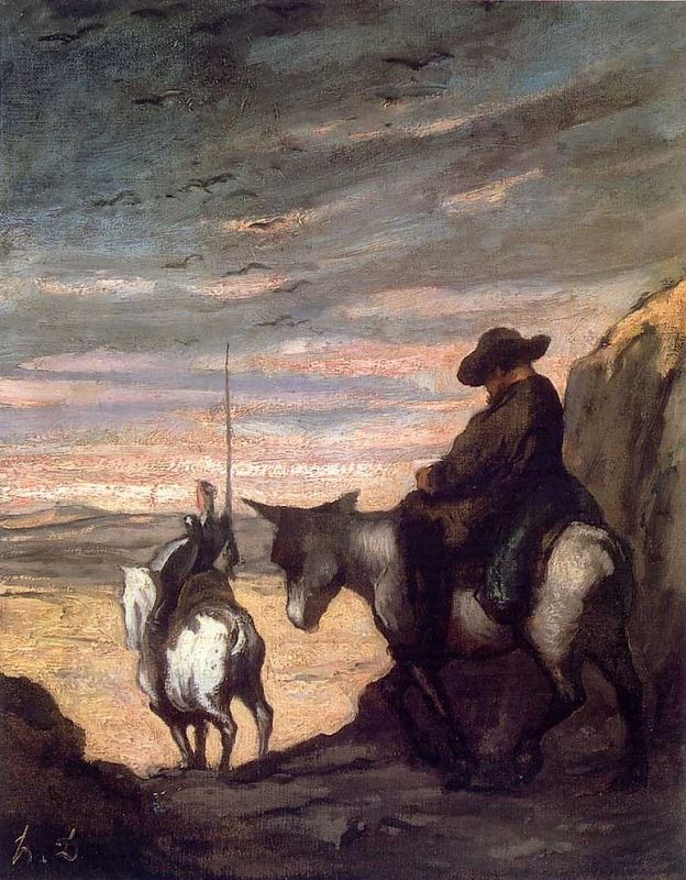 The genius of the novel is contrast.

Quixote is idealism.
Sancho is realism.
Quixote dreams.
Sancho doubts.

But both are necessary. One without the other collapses.