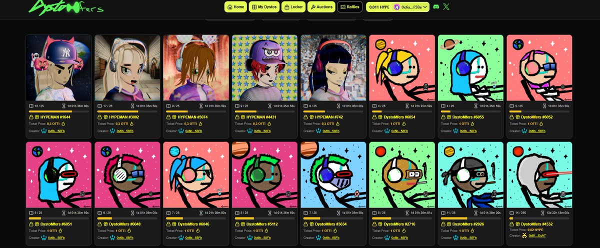 Odd Otties took over DystoRaffle and started using it to reward their holders.✨ <a href="/dystomfersOnHL/">DystoMfers</a> <a href="/ottionhl/">Odd Otties</a> 

They sell tickets almost for free in exchange for $OTTI tokens – and then all the collected $OTTI tokens get burned. 🔥