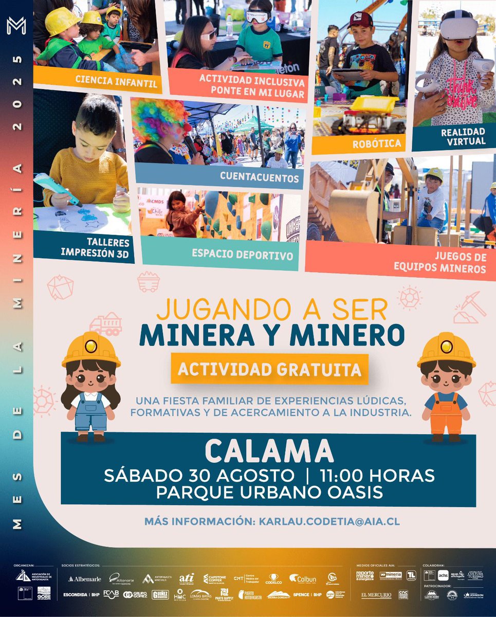 Este sábado, vive Jugando a Ser Minera y Minero Calama y juntos disfrutemos en familia, ¡te esperamos!

#Calama #AIA #Minería #MesDeLaMinería #Educación #PrimeraInfancia #EducaciónInicial