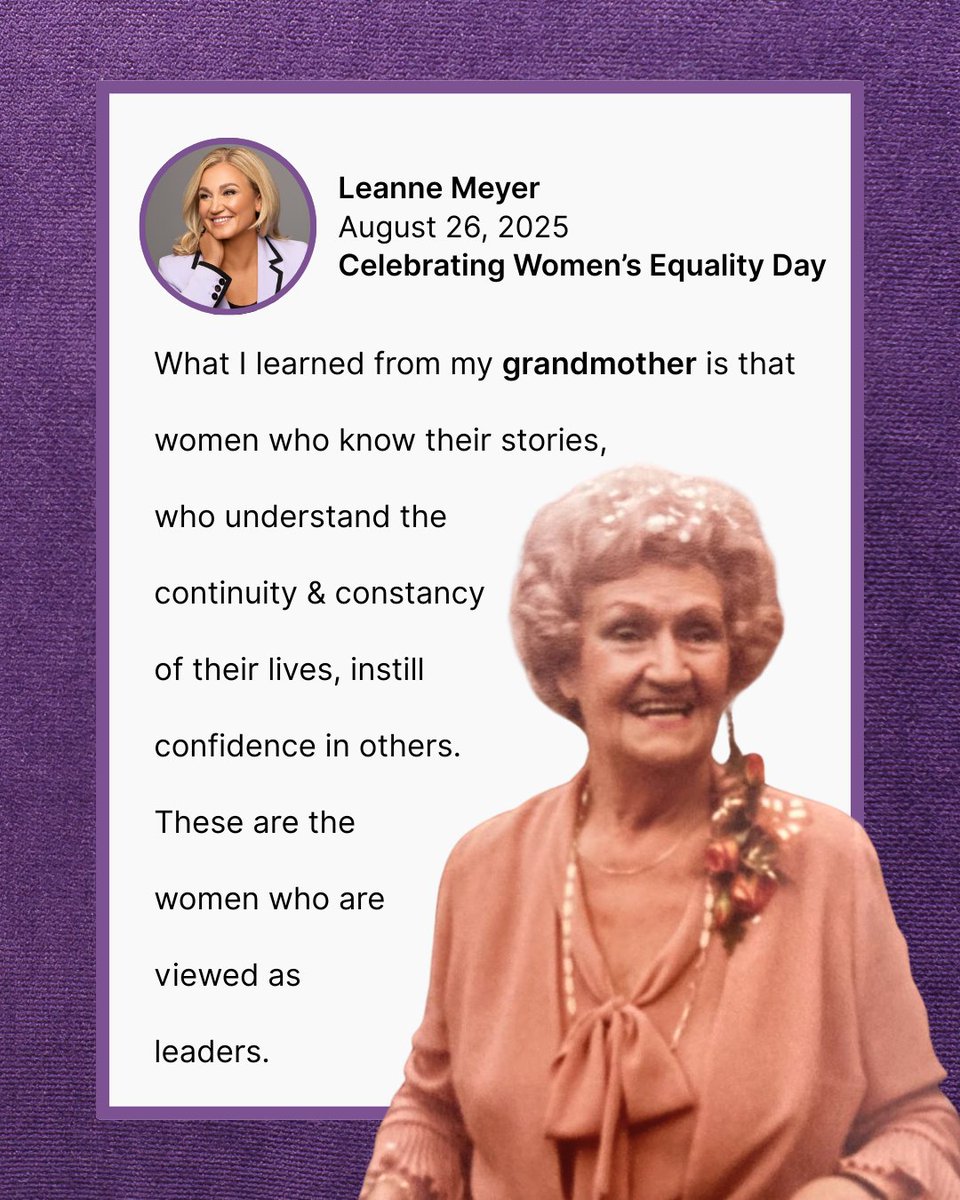 leanne_meyer's tweet photo. My granny never stepped into a boardroom, but her stories shaped the leader I became. This 𝗪𝗼𝗺𝗲𝗻’𝘀 𝗘𝗾𝘂𝗮𝗹𝗶𝘁𝘆 𝗗𝗮𝘆, I honor the generations of women who led by example. #MovingForwardTogether #WomensEqualityDay2025 #WomensEqualityDay https://t.co/q8jjD8dfk8