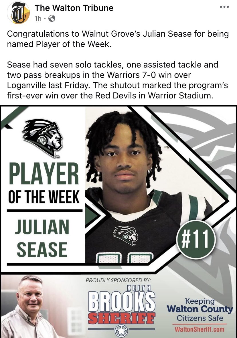 Julian Seaseā”ļø (@julian_sease) on Twitter photo Thankful & Honored to be named Player Of the weekš by <a href="/Sports_Walton/">Walton Tribune Sports</a> <a href="/waltontribune/">Walton Tribune</a>
<a href="/elitefootballac/">EliteTalentFootball</a> <a href="/coachrobandrews/">Robert Andrews</a> <a href="/RecruitGeorgia/">Recruit Georgia</a> <a href="/CoachJHawkins/">Jeremy Hawkins</a> <a href="/NEGARecruits/">Northeast Georgia Recruits</a> <a href="/Enrique__Davis/">Coach Enrique Davis</a> <a href="/coachnate56/">Coach Stephens</a> <a href="/CoachJones_25/">Fred Jones</a> <a href="/CoachCBell26/">Corey Bell</a> Thankful & Honored to be named Player Of the weekš by <a href="/Sports_Walton/">Walton Tribune Sports</a> <a href="/waltontribune/">Walton Tribune</a>
<a href="/elitefootballac/">EliteTalentFootball</a> <a href="/coachrobandrews/">Robert Andrews</a> <a href="/RecruitGeorgia/">Recruit Georgia</a> <a href="/CoachJHawkins/">Jeremy Hawkins</a> <a href="/NEGARecruits/">Northeast Georgia Recruits</a> <a href="/Enrique__Davis/">Coach Enrique Davis</a> <a href="/coachnate56/">Coach Stephens</a> <a href="/CoachJones_25/">Fred Jones</a> <a href="/CoachCBell26/">Corey Bell</a>