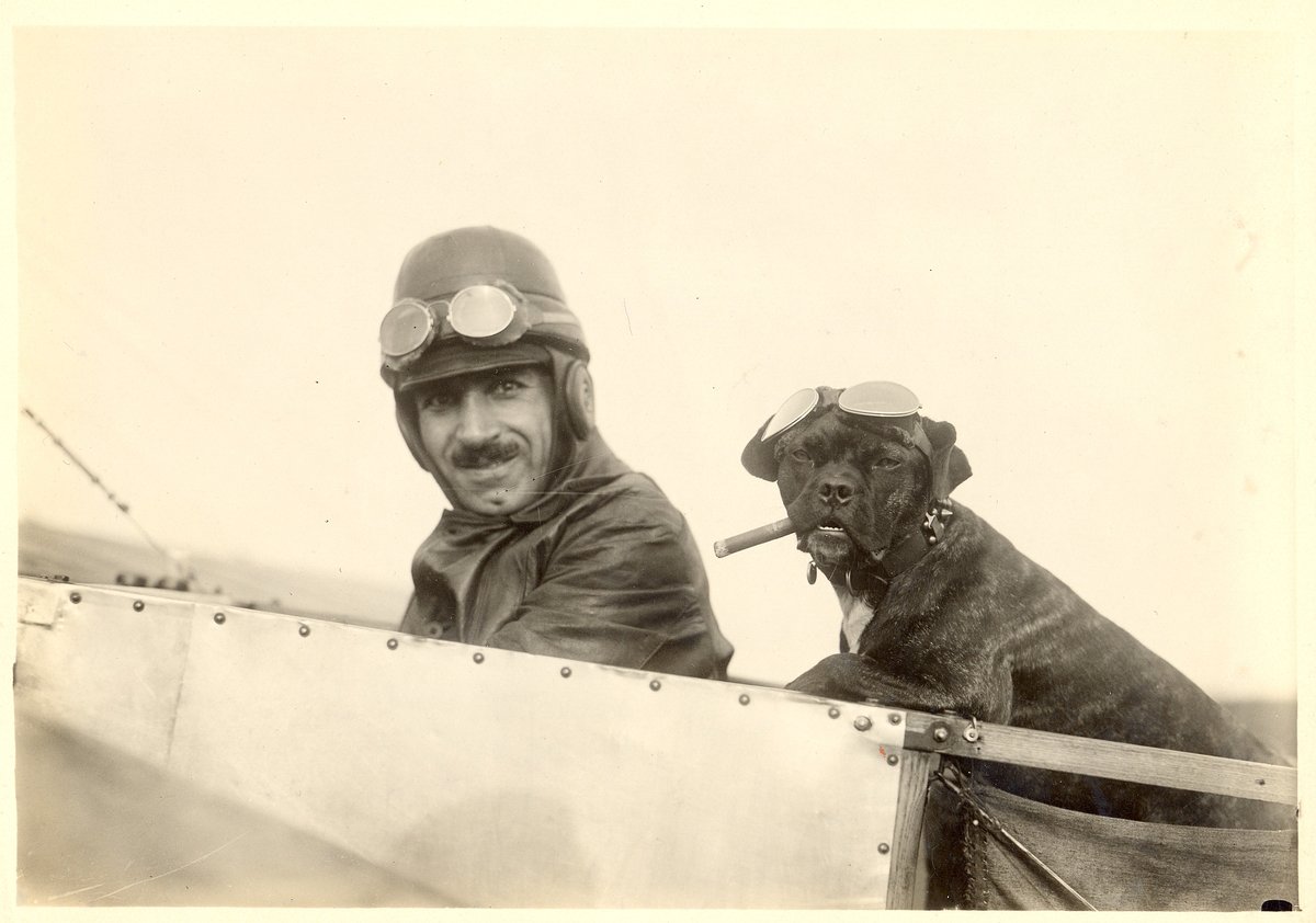 airandspace's tweet photo. We don't a lot of dogs pics but we do have a dog flying a plane with a cigar in its mouth for this #NationalDogDay post.

📷: Shakir Jerwan and his dog Monoplane in the cockpit of an airplane (NASM 93-14656) https://t.co/vjiXUBCX2M