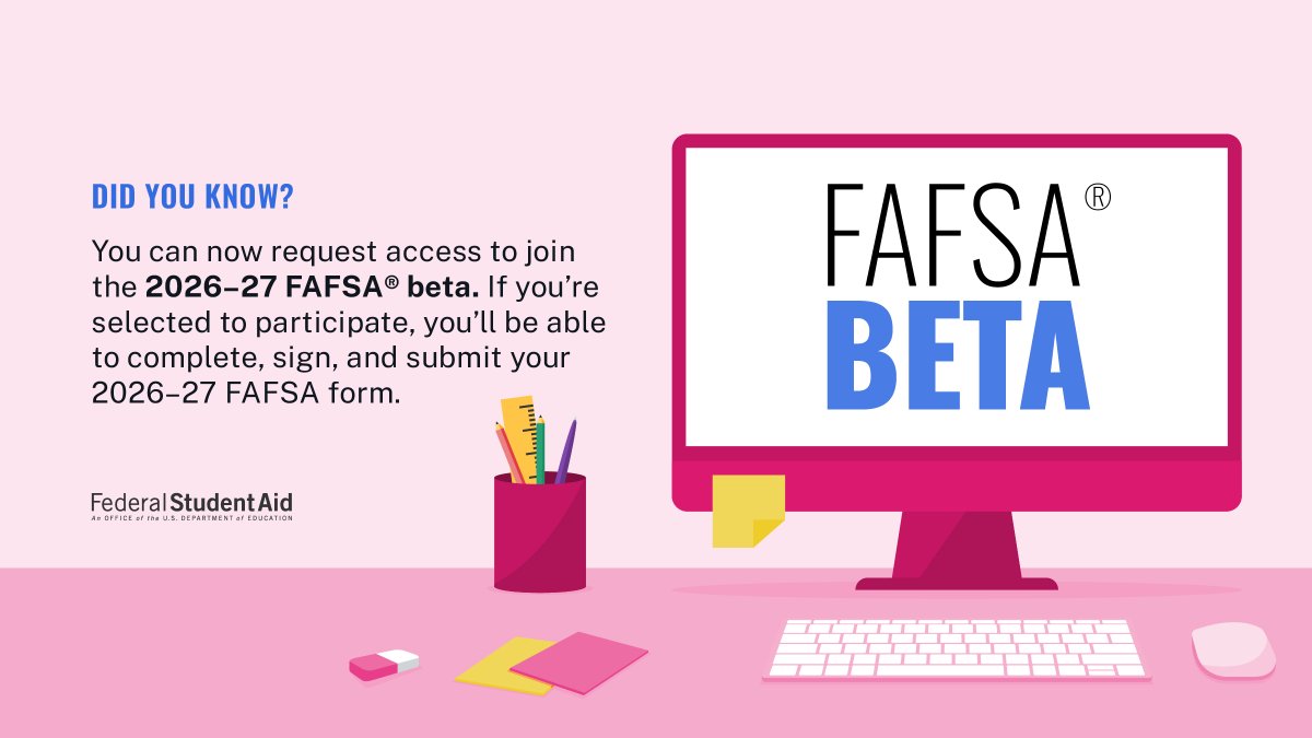 FAFSA's tweet image. 🚨 Early access alert: 2026–27 FAFSA® beta testers wanted! Your participation can improve the experience for other students and contributors. Request access to the FAFSA beta today: StudentAid.gov/joinbeta