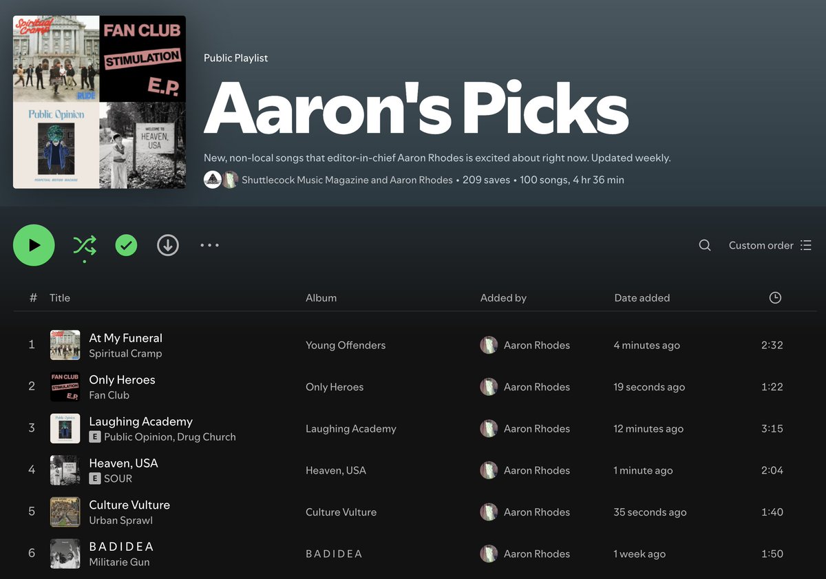 Playlist update ft. Spiritual Cramp, Fan Club, Public Opinion, Sour, and Urban Sprawl. Listen/save: open.spotify.com/playlist/28rcQ…