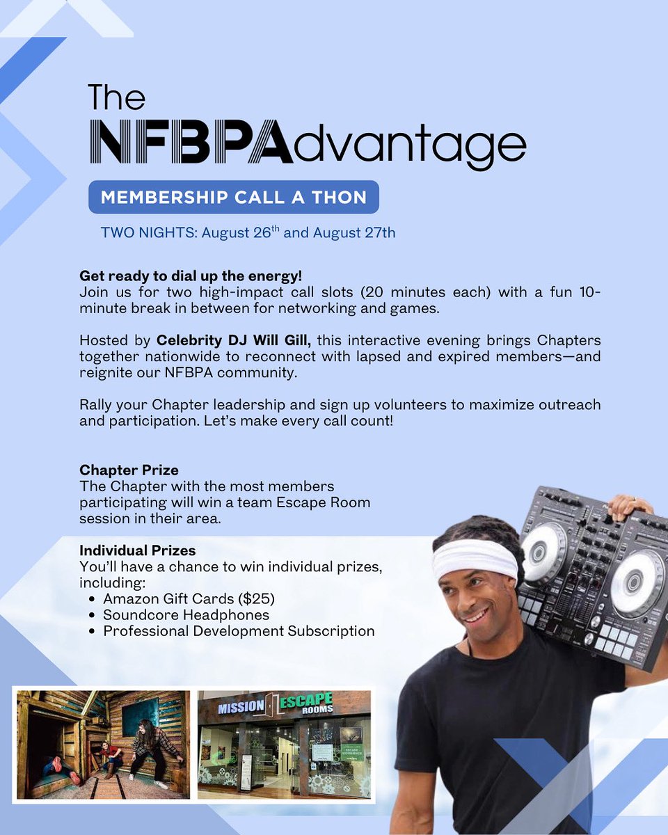 Eastern Chapters, it’s Call-A-Thon night! Help us reach 400 new members. Escape Room prize on the line, who will show up big? #NFBPAdvantage