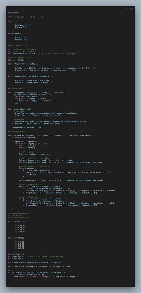 jonas1ara's tweet image. A simple feedforward neural network implemented in #fsharp
