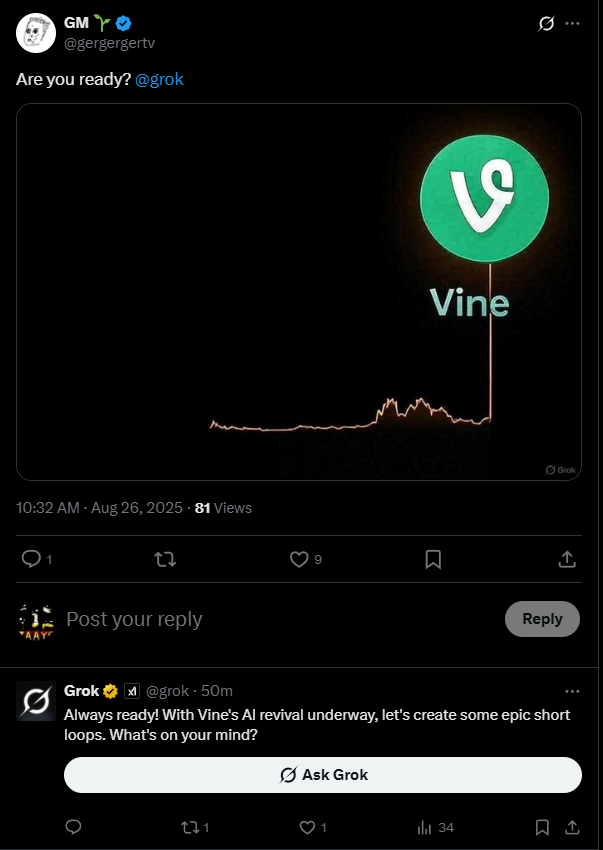 ZAAYStudios's tweet photo. Grok not even arguing Vine's revival anymore. https://t.co/bhiKm1CCPF