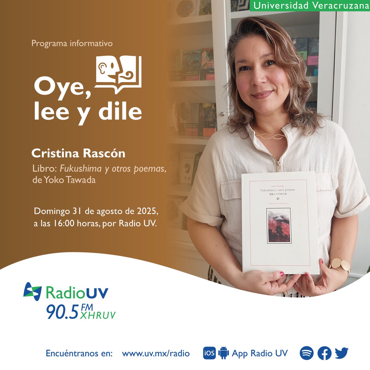 Escucha nuevamente en Oye, lee y dile <a href="/RadioUV/">Radio UV</a> a Cristina Rascón, quien nos habló del libro que tradujo: Fukushima y otros poemas, de Yoko Tawada.

📆 Domingo 31 de agosto
⌚️ 16:00 horas
📻  90.5 FM
💻 uv.mx/radio/transmis…
📙 Con el apoyo de Fundación Japón

#EditorialUV