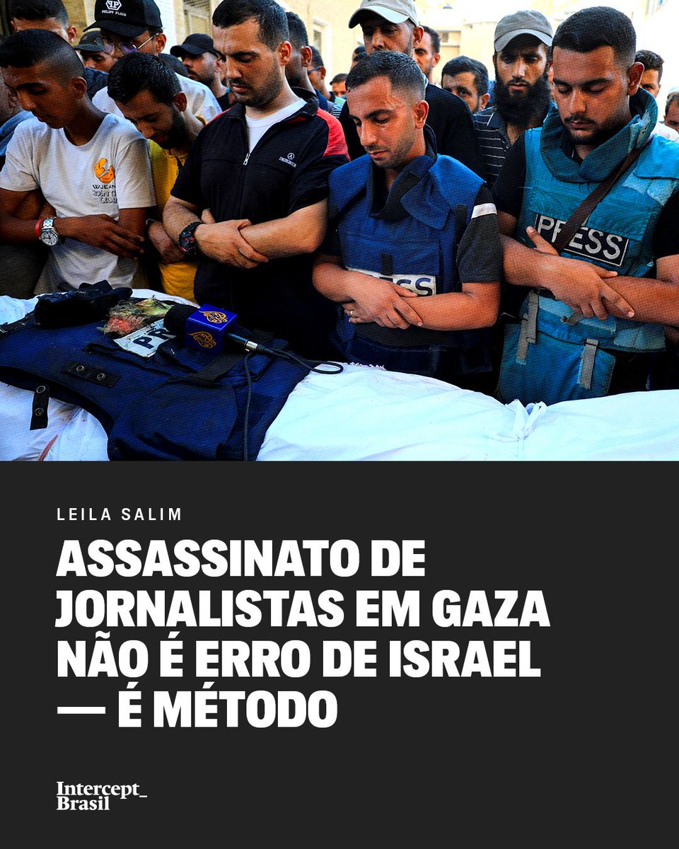 TheInterceptBr's tweet image. A morte de jornalistas em Gaza não é um desvio de Israel: é um pilar essencial no apartheid colonial implementado na Palestina. Não causa surpresa – mas deveria causar indignação – que a maior parte da imprensa brasileira sirva como linha auxiliar na legitimação desse genocídio.…
