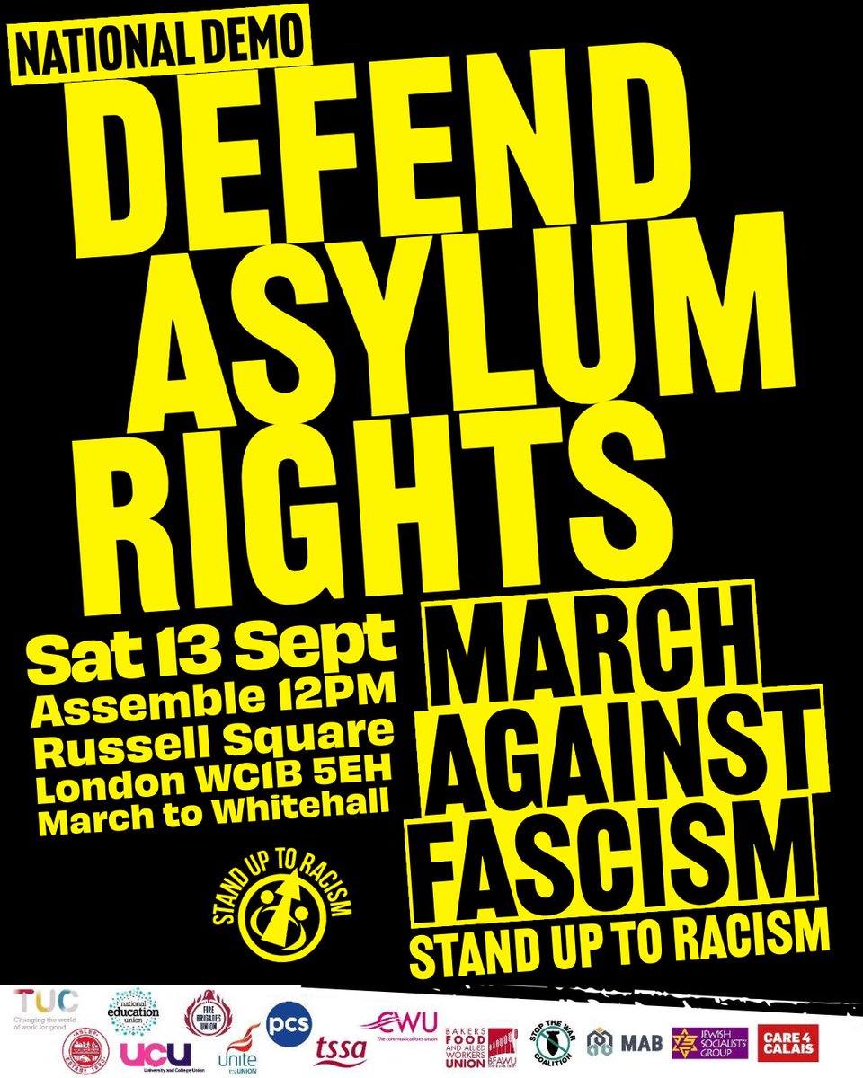 Stand Up To Racism (@antiracismday) on Twitter photo ⛔️ The far-right are whipping up hostility to asylum seekers and mainstream politicians are only joining in.
We need to take a stand to defend the rights of people fleeing war and persecution. Join us on 13th September.
#StandUpToRacism #NoRacismNoFascism ⛔️ The far-right are whipping up hostility to asylum seekers and mainstream politicians are only joining in.
We need to take a stand to defend the rights of people fleeing war and persecution. Join us on 13th September.
#StandUpToRacism #NoRacismNoFascism