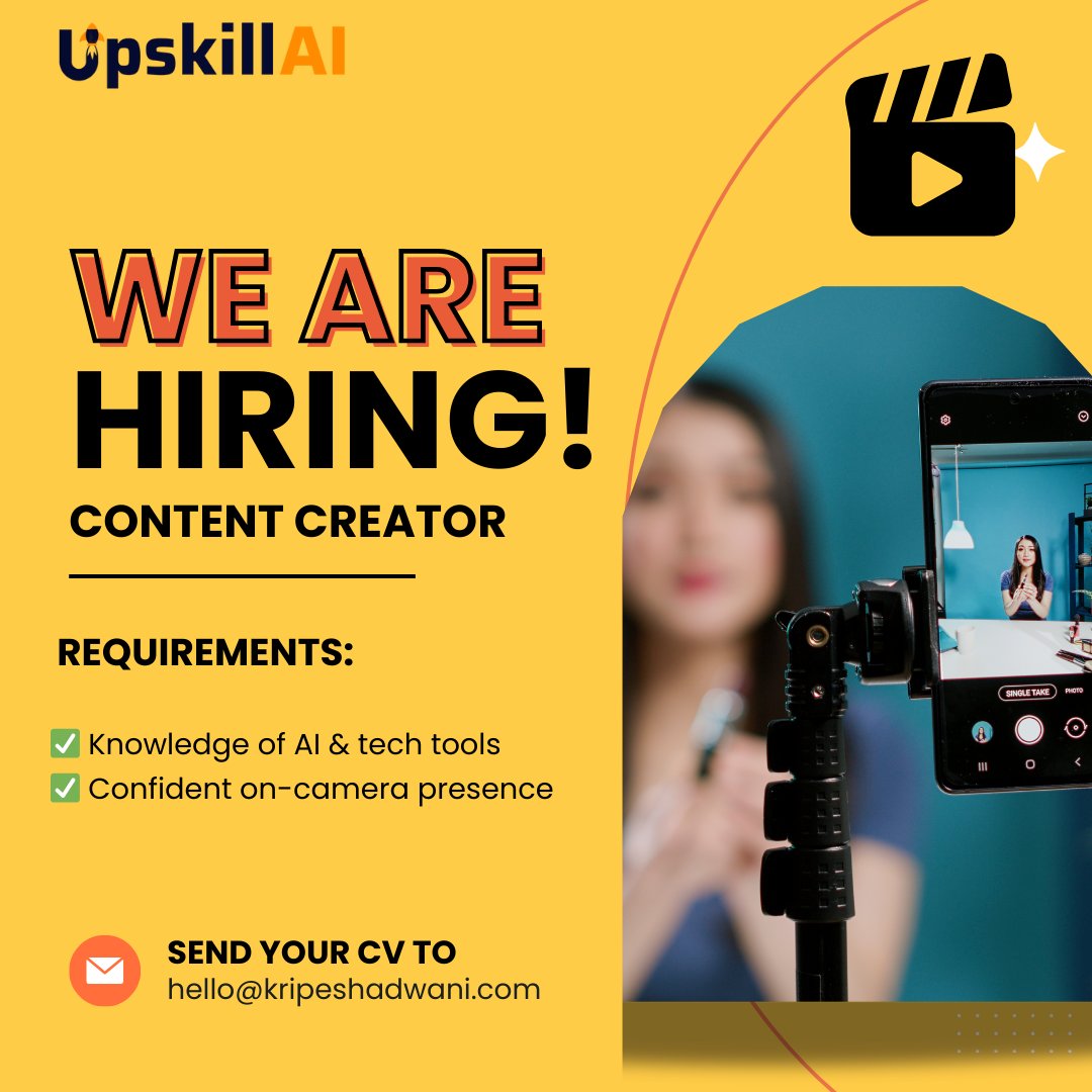 🚨 We’re hiring at UpskillAI 🚨

Looking for a Video Creator &amp; Presenter (part-time/freelance) 🎥
📌 2 short-form videos/week (HindI)
📌 Topics: AI tools, tech &amp; productivity
📌 Remote | Per-video pay

👉 Apply: hello@kripeshadwani.com
Subject: UpskillAI – Video Creator