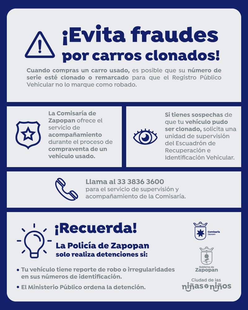 ¡Ten cuidado con los vehículos clonados! 🚨🚘

Antes de adquirir un auto usado, es importante comprobar que el número de serie no esté alterado o remarcado. 

En la Policía de #Zapopan te ofrecemos acompañamiento, checa la información. 👇🏽