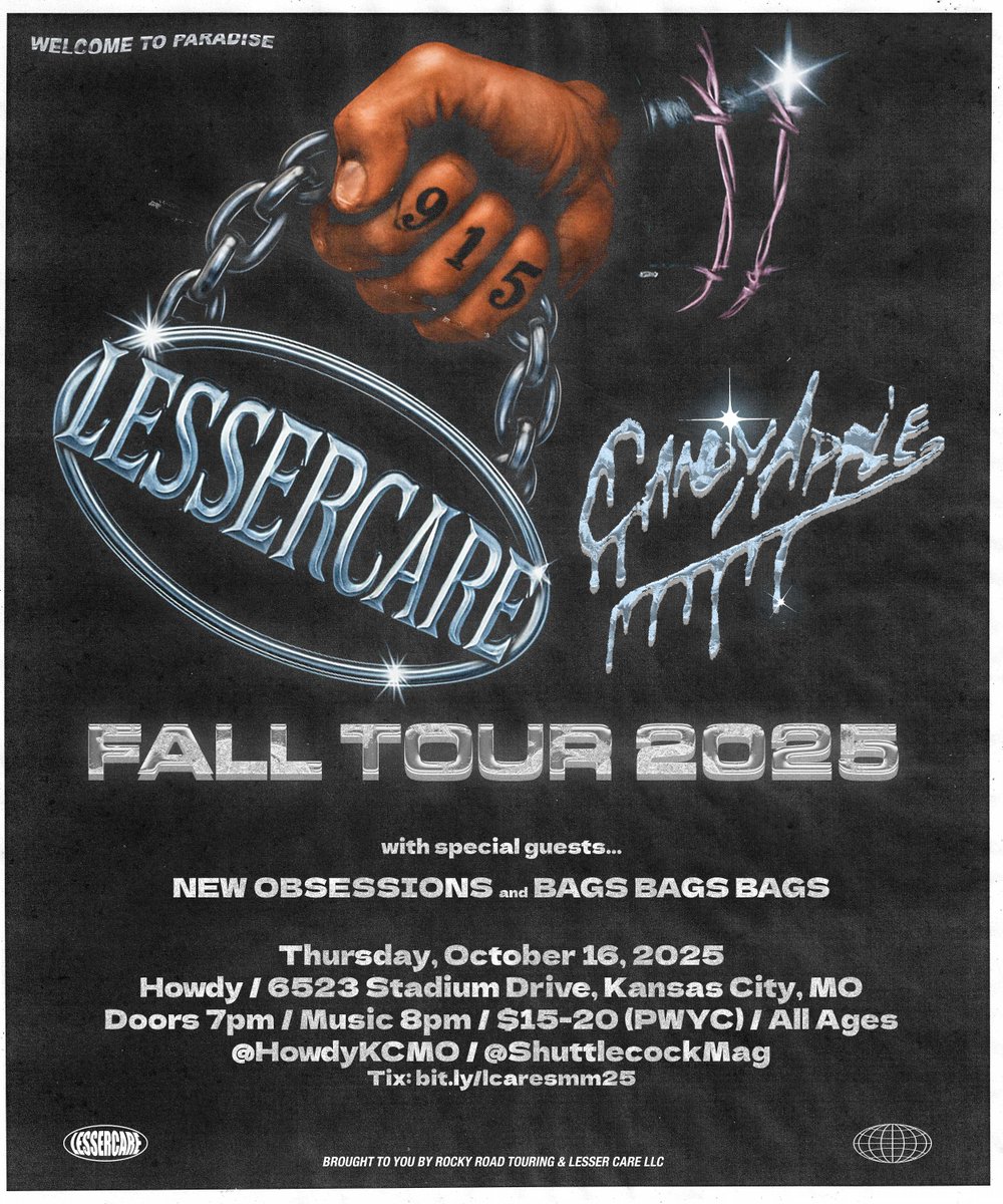 Thursday,  October 16: Lesser Care (El Paso, TX) and Candy Apple (Denver, CO)  return to Kansas City for a gig with New Obsessions and Bags Bags Bags.  Music at 8pm. $15 (PWYC). All ages. Limited presale tix available here: bit.ly/lcaresmm25