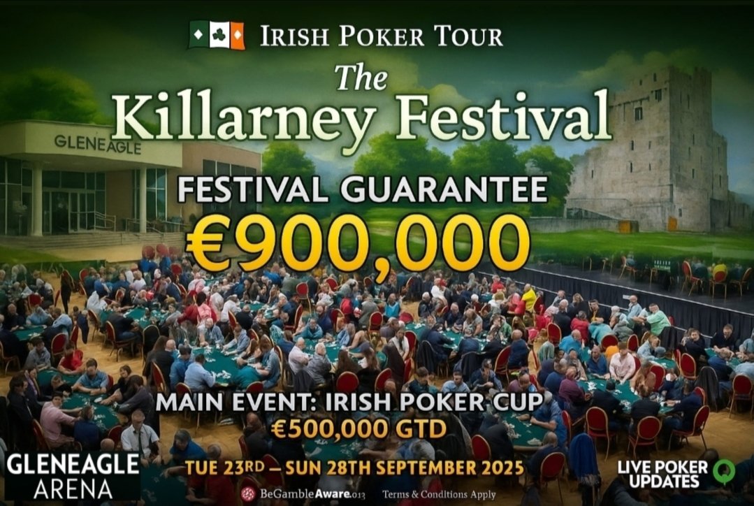 IrishPokerTour's tweet image. 🍀 The Killarney Poker Festival – Just 4 Weeks to Go! 🍀

The countdown is on! In only four weeks, the Irish Poker Tour returns to the stunning Gleneagle Arena in Killarney, 23rd – 28th September 2025. Get ready for unforgettable nights, world-class poker, and the kind of…