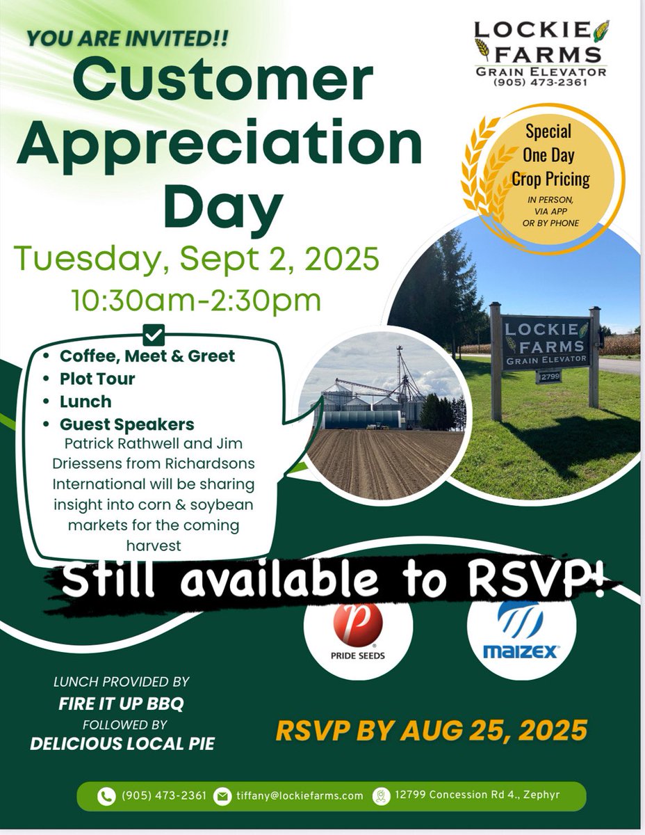 Still accepting RSVP’s for our Customer Appreciation Day on Tuesday, Sept 2nd! <a href="/PRIDESeeds/">PRIDE Seeds</a> <a href="/Maizex/">Maizex Seeds</a> #FarmersFirst