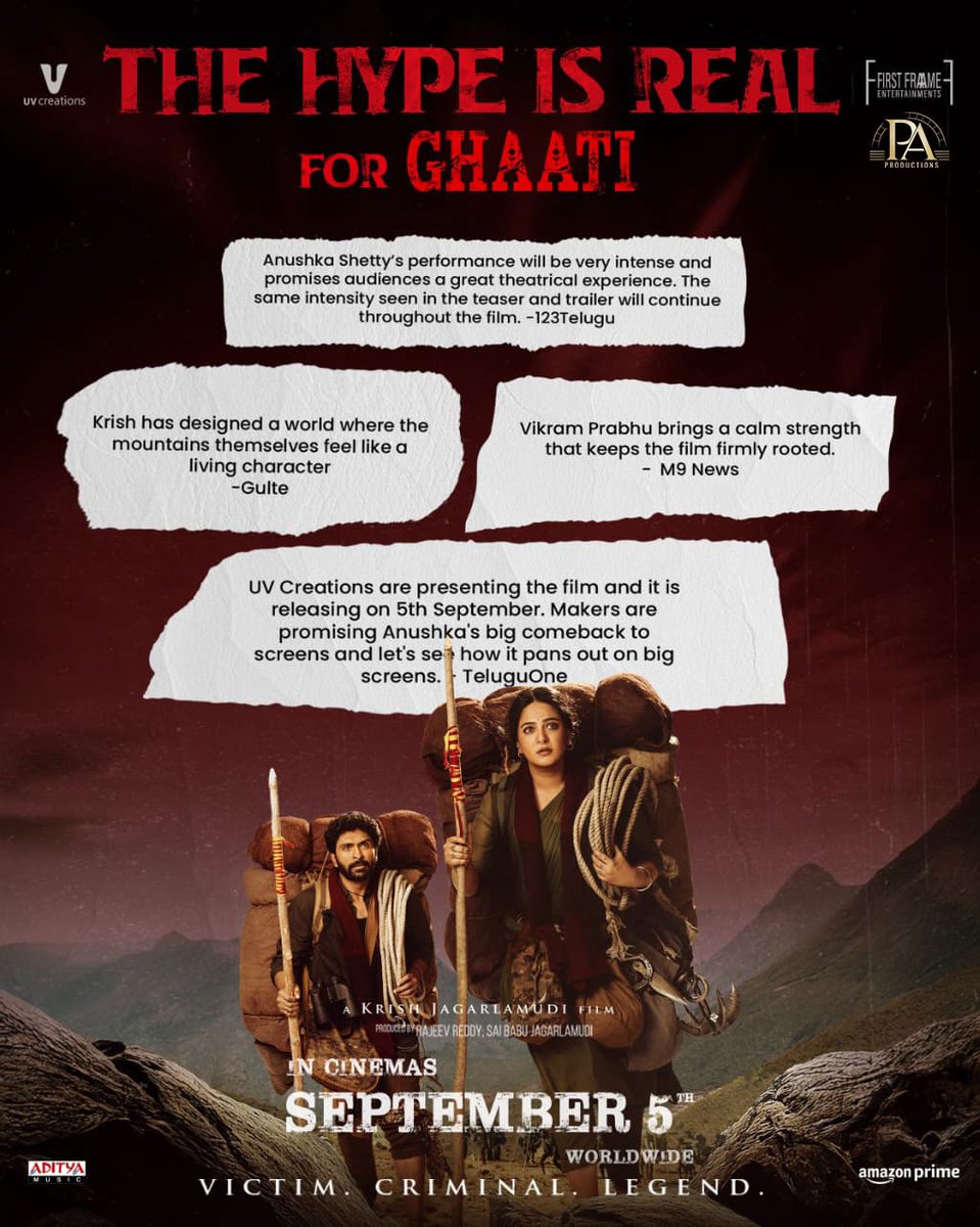 PA Productions (@paproductionsin) on Twitter photo THE HYPE IS REAL for #GHAATI 💥💥
Get ready for a world where the mountains speak as 'The Queen' ascends her throne 🌟
#GHAATI GRAND RELEASE WORLDWIDE ON 5th SEPTEMBER 2025 ❤️🔥
⭐ing ‘The Queen’ <a href="/MsAnushkaShetty/">Anushka Shetty</a> & <a href="/iamVikramPrabhu/">Vikram Prabhu</a>
🎥 Directed by the phenomenal <a href="/DirKrish/">Krish Jagarlamudi</a>
🏢 THE HYPE IS REAL for #GHAATI 💥💥
Get ready for a world where the mountains speak as 'The Queen' ascends her throne 🌟
#GHAATI GRAND RELEASE WORLDWIDE ON 5th SEPTEMBER 2025 ❤️🔥
⭐ing ‘The Queen’ <a href="/MsAnushkaShetty/">Anushka Shetty</a> & <a href="/iamVikramPrabhu/">Vikram Prabhu</a>
🎥 Directed by the phenomenal <a href="/DirKrish/">Krish Jagarlamudi</a>
🏢