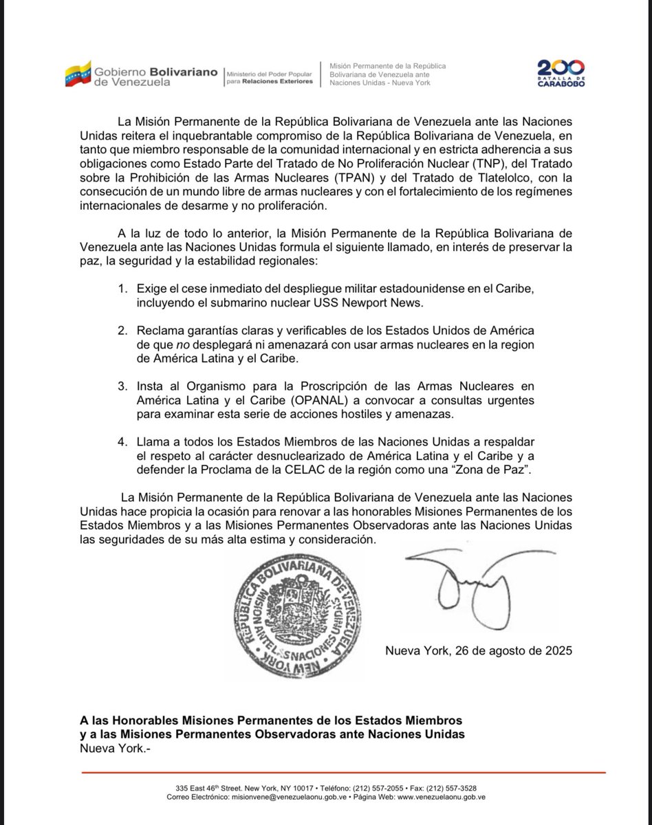 Venezuela ante la ONU: violando el tratado de Tlatelolco, EEUU amenaza al Caribe con un submarino nuclear.