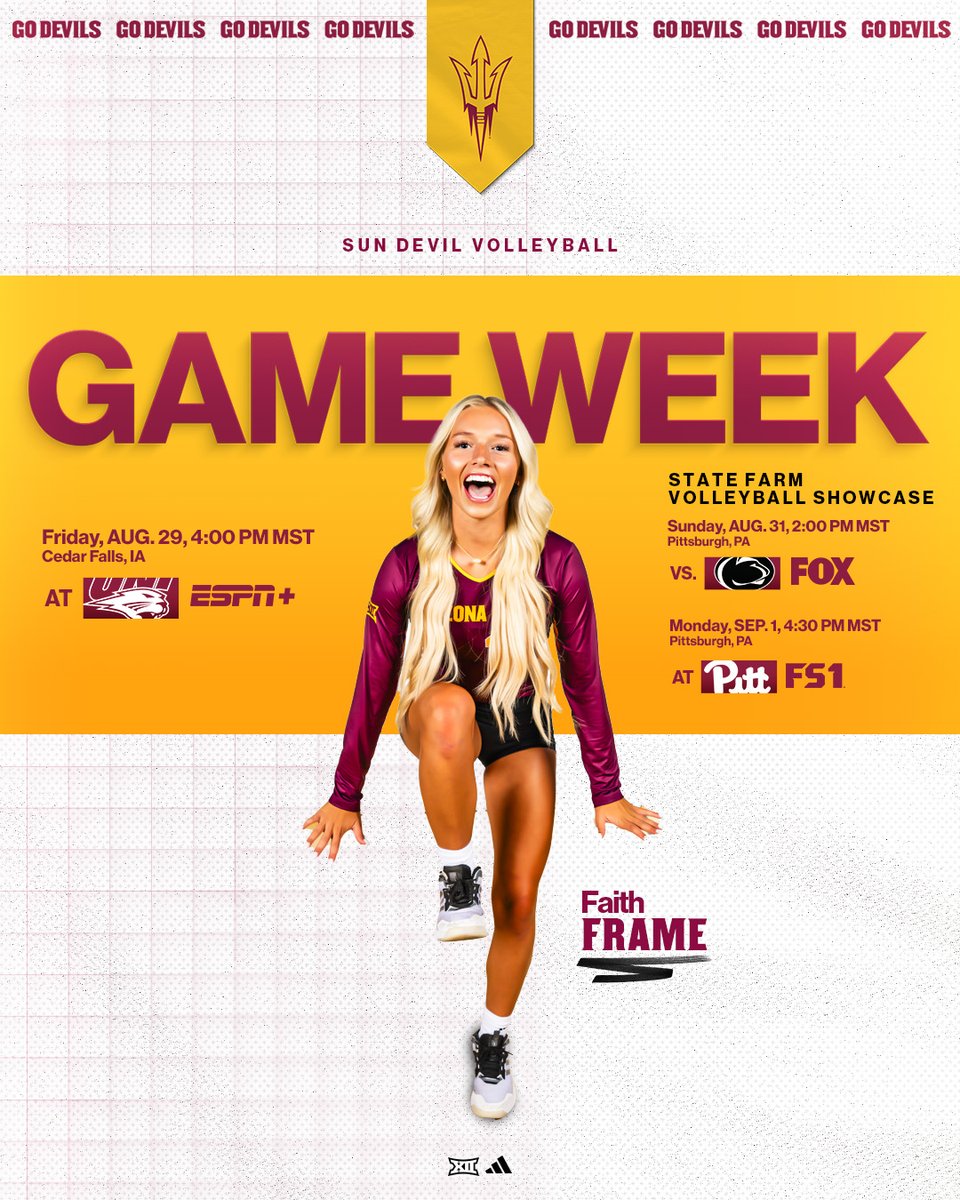 SunDevilVB's tweet image. It's finally here: GAME WEEK! 🤩

🔱 Friday at Northern Iowa
🔱 Sunday vs. No. 2 Penn State (in Pittsburgh)
🔱 Monday at No. 3 Pitt

#ForksUp