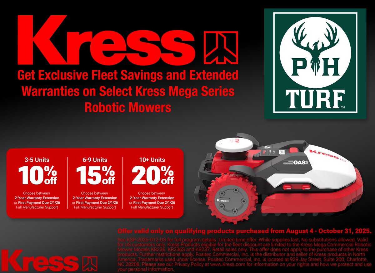 ⏳ Don’t wait—big savings on all Kress robotic mowers end October 31st! Take your mowing to the next level with smart, efficient technology and grab this deal before it’s gone.

#KressMowers #RoboticMower #MowSmarter #FallSavings #PHTurf #LawnCare #SmartYard #MowingMadeEasy