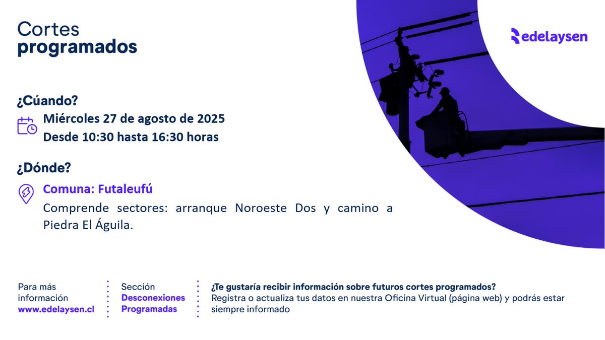 ¡Atención vecinos de #Futaleufu! Les recordamos que el miércoles 27 de agosto de 2025 se realizará un #CorteProgramado en sectores arranque Noroeste Dos y camino a Piedra El Águila. Lamentamos los inconvenientes, estamos trabajando para darte el mejor servicio.