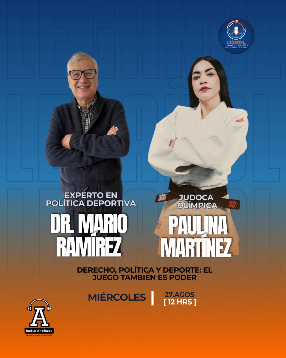 Radio Anáhuac (@radioanahuacam) on Twitter photo #Transmisión Este #miércoles #Legañol tendrá de invitados al Dr. Mario Ramírez, experto en política deportiva y Paulina Martínez, judoca olímpica.
🕗 12:00
📻 1670AM
💻 shorturl.at/TRBIs
🔵 Facebook bit.ly/3Ri6Rnj
🔴 YouTube bit.ly/3yRSXBh
<a href="/anahuac/">Anáhuac Campus Norte</a> #Transmisión Este #miércoles #Legañol tendrá de invitados al Dr. Mario Ramírez, experto en política deportiva y Paulina Martínez, judoca olímpica.
🕗 12:00
📻 1670AM
💻 shorturl.at/TRBIs
🔵 Facebook bit.ly/3Ri6Rnj
🔴 YouTube bit.ly/3yRSXBh
<a href="/anahuac/">Anáhuac Campus Norte</a>