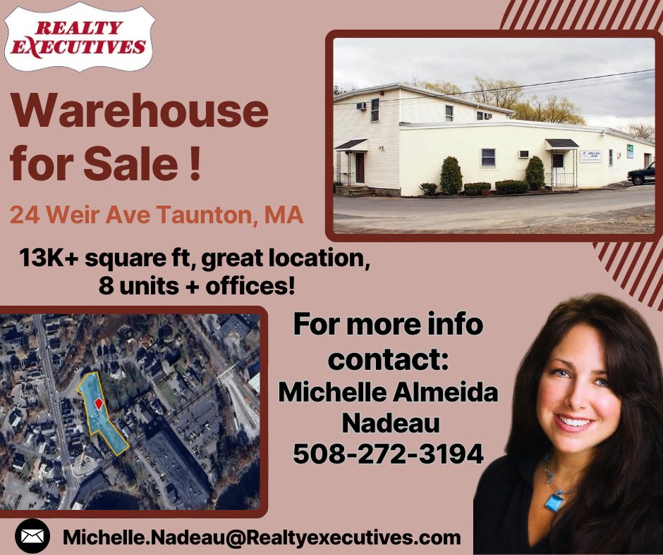 Realtor_Mich's tweet image. Great warehouse available for storage! 8 units in total with additional offices, gas ceiling heaters with high ceilings, loading dock and overhead doors. Prime location near East Taunton train station and minutes to highway and downtown. Water, sewer, and gas are at location.
