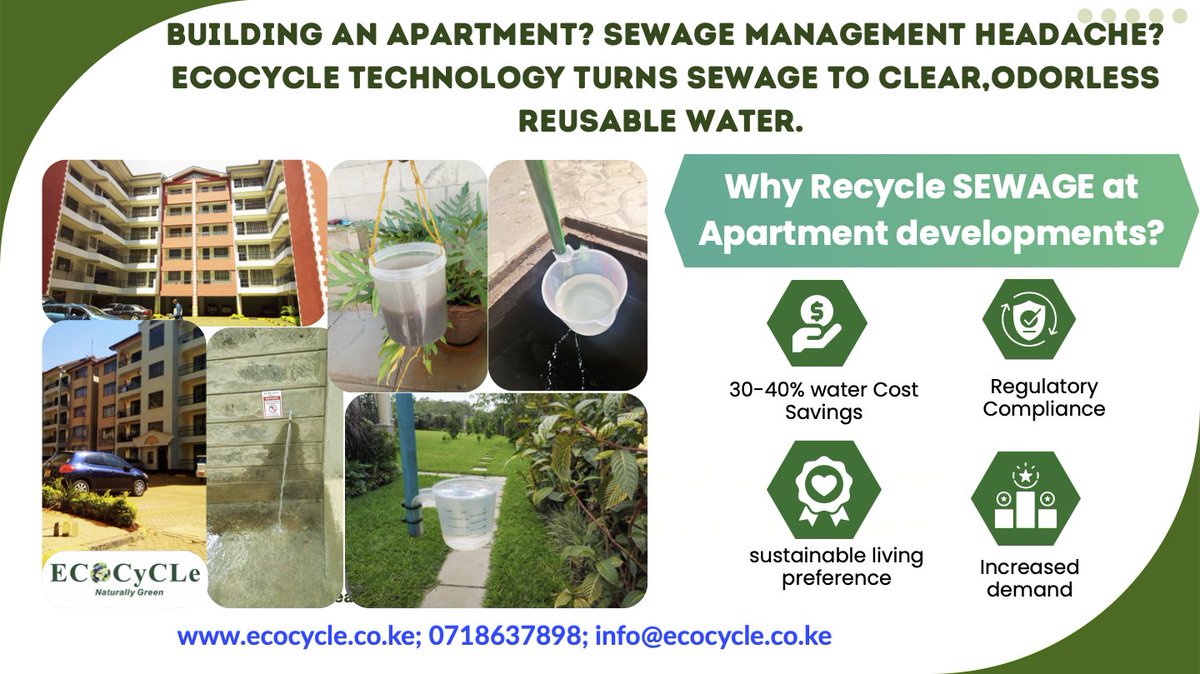 Are you an apartment developer?
NO Municipal SEWER connection? Spending too much on exhauster trucks? <a href="/EcocycleLtd/">ECOCYCLE Ltd -SEWAGE to H2O Tech</a> Sewage technology is your SOLUTION. Turns SEWAGE to clear water with NO SMELL♻️💦0718637898; info@ecocycle.co.ke; ecocycle.co.ke
#SustainableLiving #GOGREEN