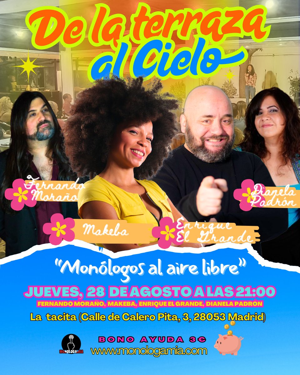 Este jueves cerramos agosto a carcajadas en #delaterrazaalcielo 🎤🔥
<a href="/makeba/">makeba</a> puro ritmo y humor 🔥
Enrique el grande: hasta en un control de drogas te hace reír 🚓😂
Presenta <a href="/DianeMav/">Dianela Padrón</a>
Y... debut sorpresa 👀 (solo te enteras si vienes)
📅 Jueves | 21:00
📍 Terraza CSE