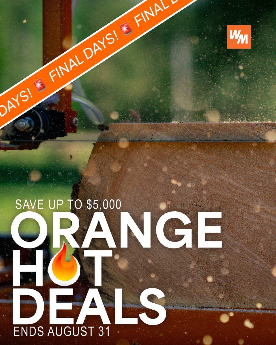 woodmizer_usa's tweet image. Orange Hot Deals are coming to an end! Only a few days remain for the opportunity to save up to $5,000! Deals end August 31st. Don't miss out--shop now!🔥 

#woodmizer #sawmill #thewoodlife #sawmills